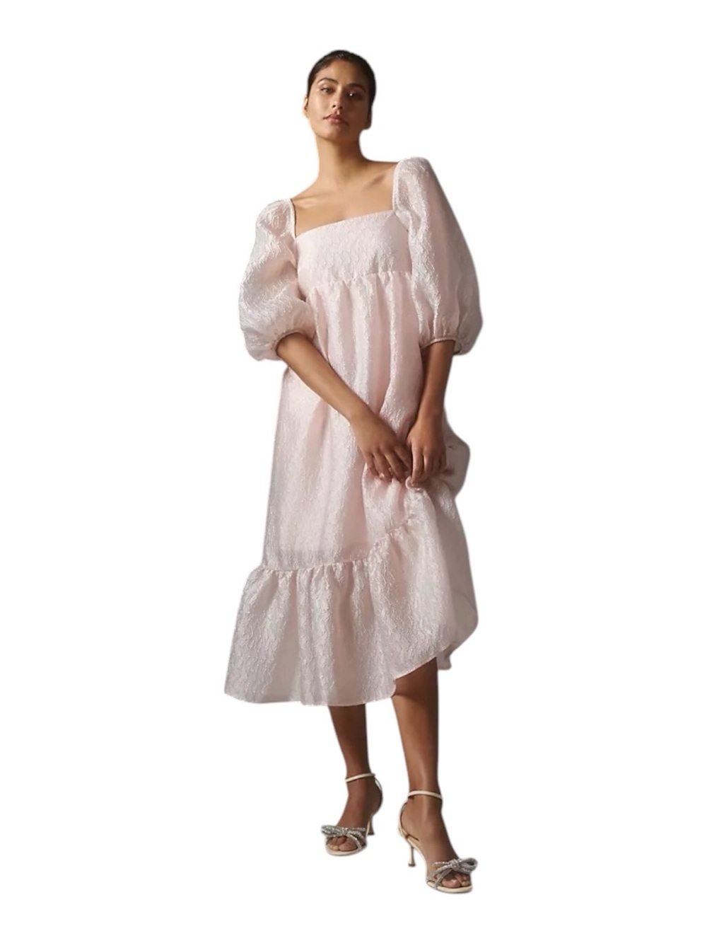 Anthropologie Textured Puff Sleeve Midi Dress Pink Shimmer Jacquard XL